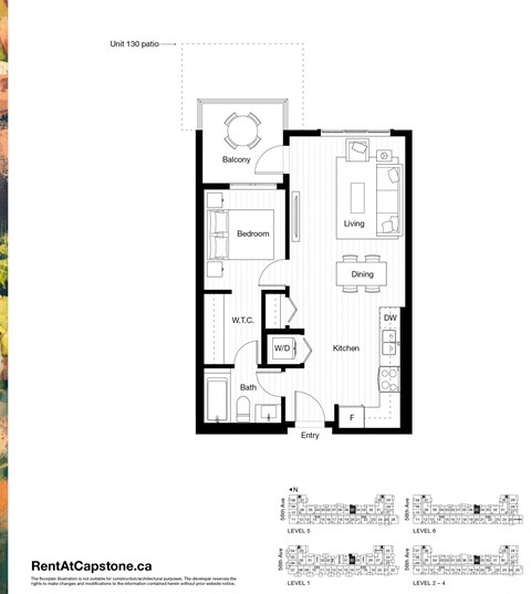 A floor plan for a unit at 130 Park shows the layout of the bedrooms, bathrooms, and common areas.